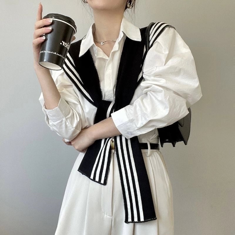 High-grade Internet-famous Small Shawl Women's Black And White Striped Outer Shirt Spring And Autumn Knitted Fake Collar Warm Shoulder For Air-conditioned Room