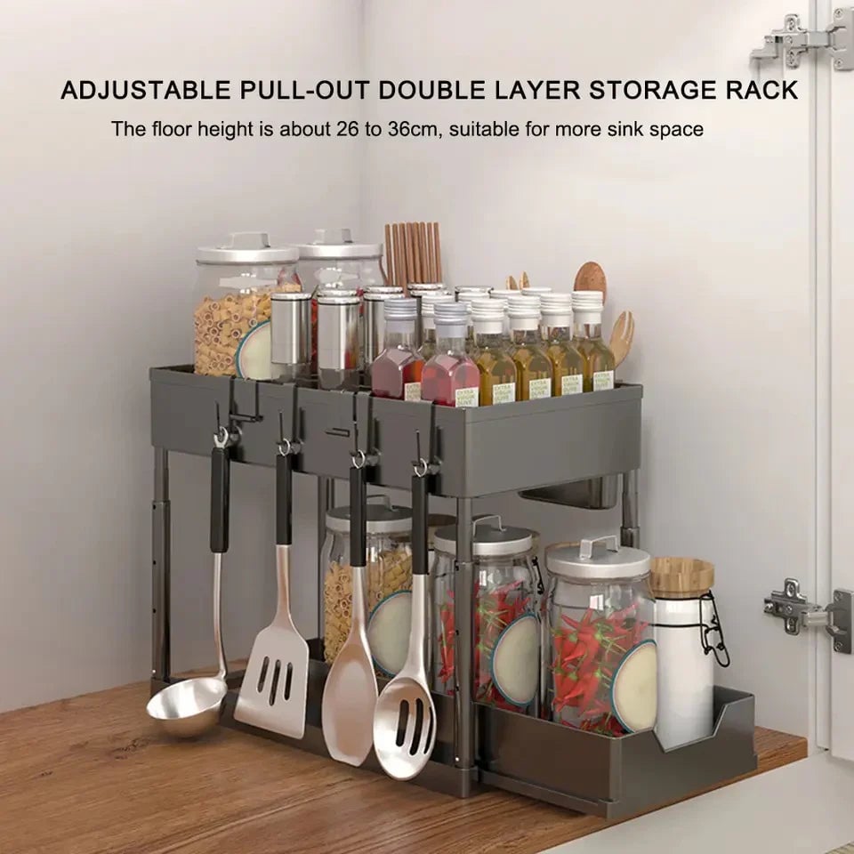 Double Layer Kitchen Storage Rack With Sliding Seasoning Shelf