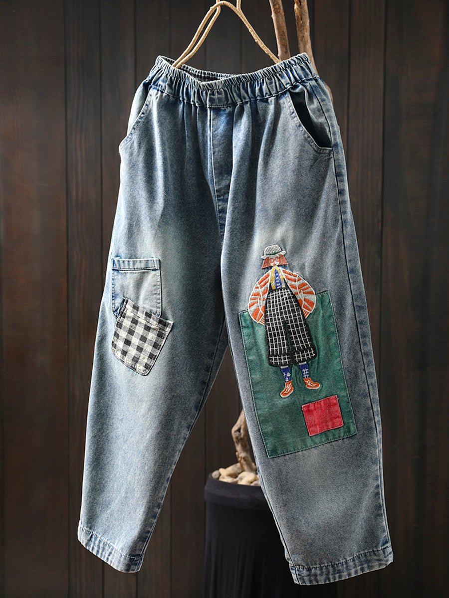 Women Summer Cartoon Patchwork Denim Harem Pants