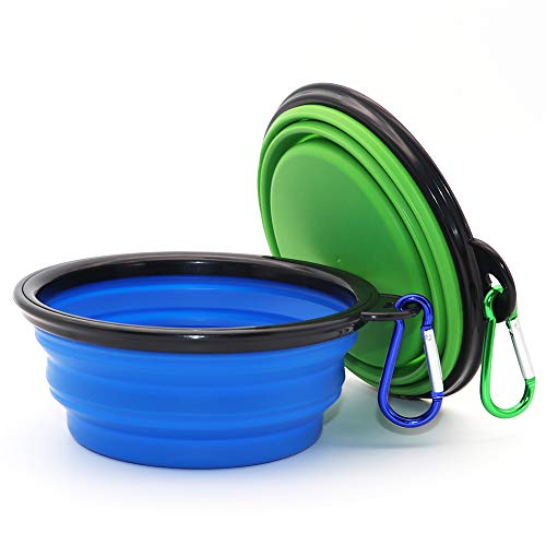 Dog Bowl Pet Collapsible Bowls. 2 Pack for Cats Dogs. Portable Pet Feeding Watering Dish for Walking Parking Traveling with 2 Carabiners (Small. Blue+Green)