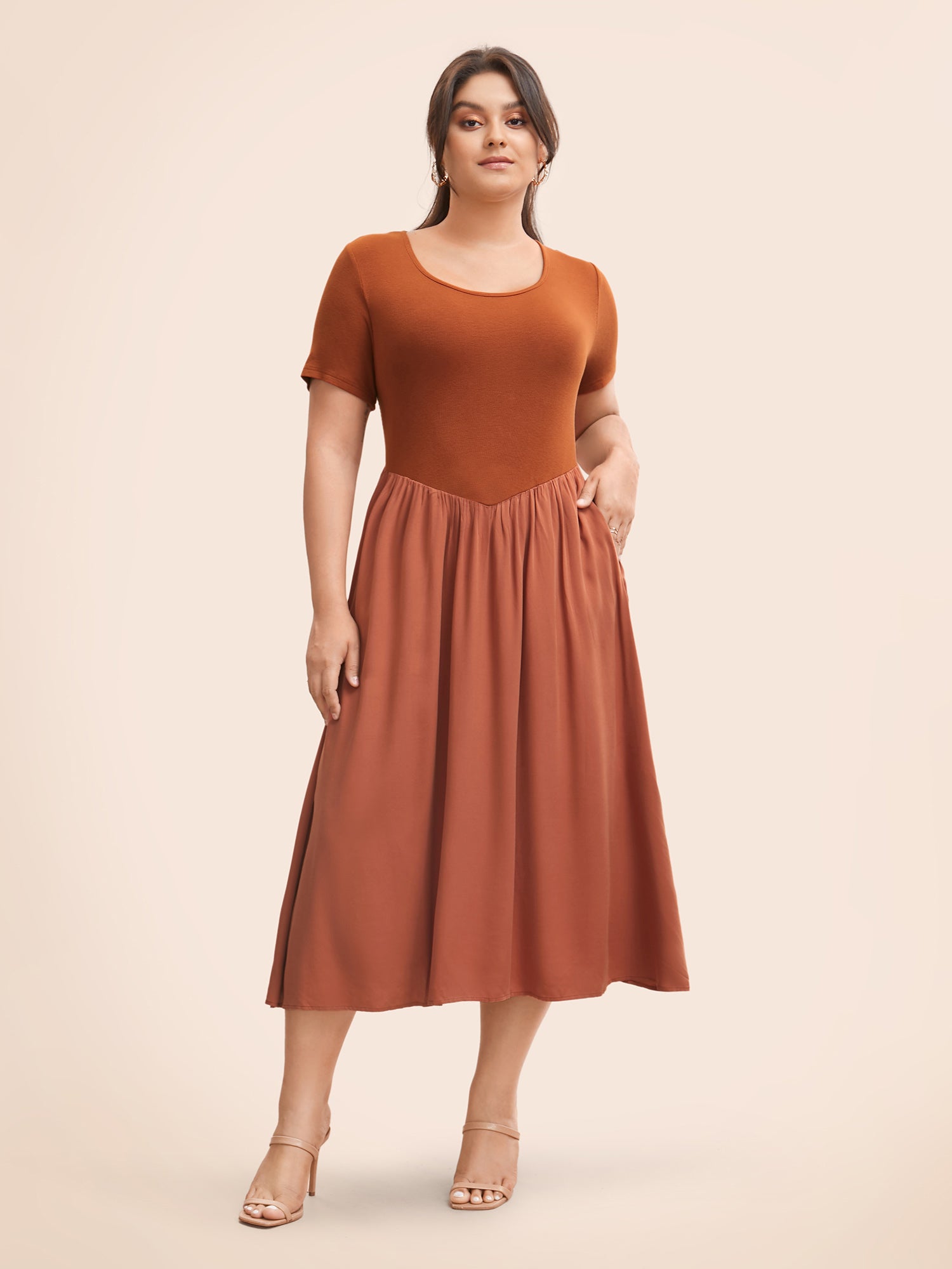 U Neck Patchwork Midi Dress