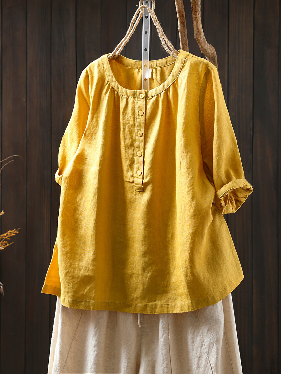 Women Summer Pure Color Button 100%Linen O-Neck Shirt