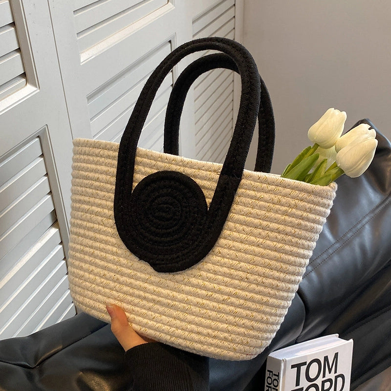 Women's Medium Cotton Rope Color Block Beach Classic Style Square Open Tote Bag
