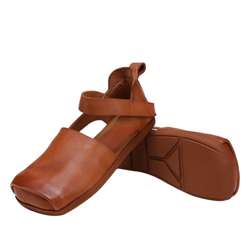 Leather Sandals Square Toe Touch-strap in Brown/Beige/Black