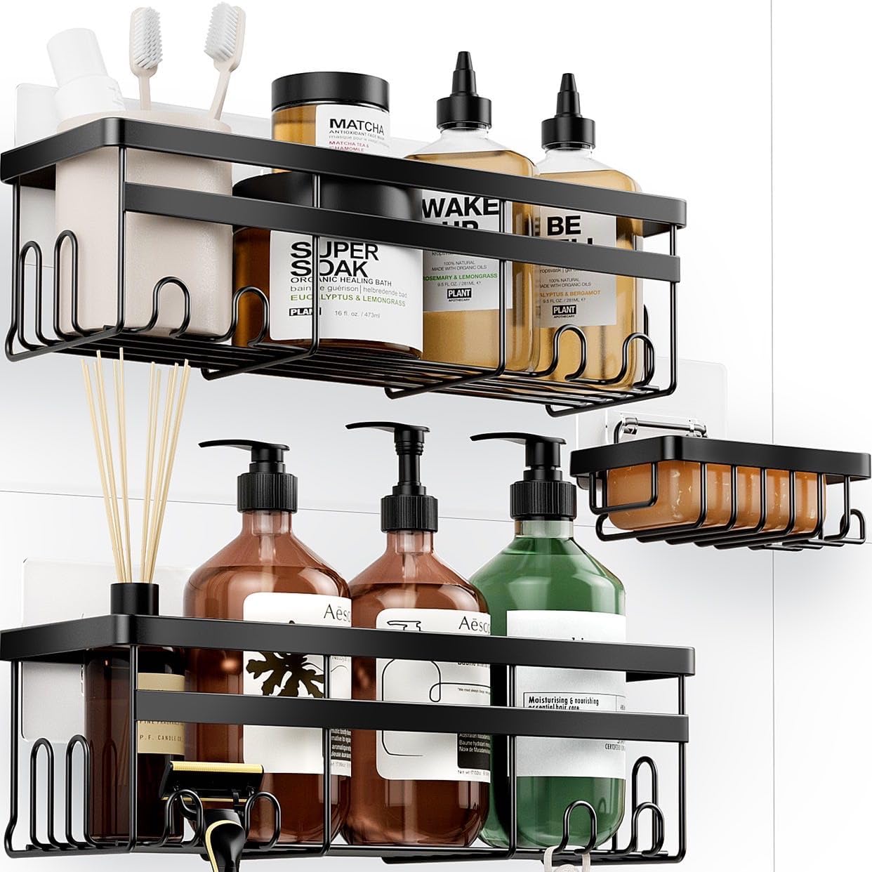 Shower Caddy. 3-Pack with Soap Holder. No Drilling Rustproof Shower Organizer with Save Space Hooks. Apartment Essentials for Bathroom