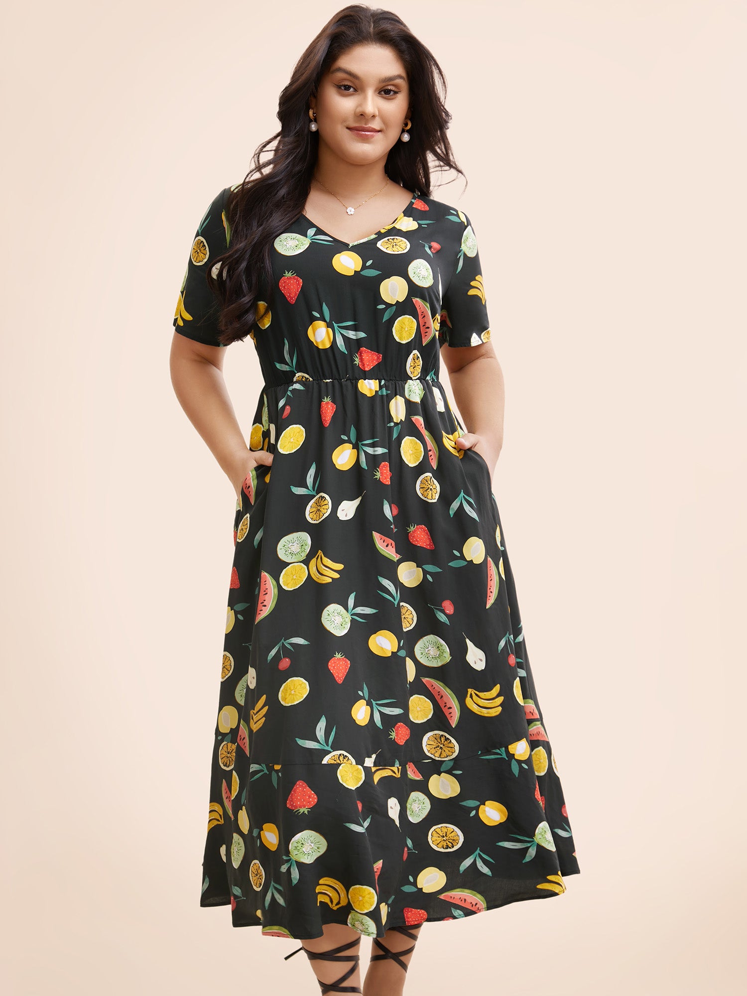 Fruit Print Elastic Waist Gathered Dress