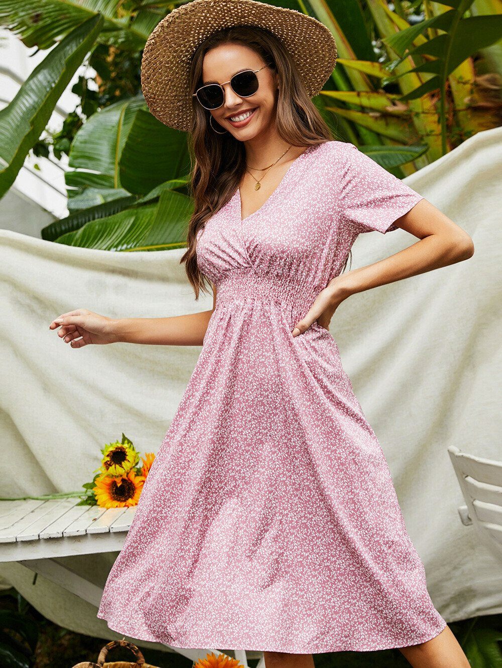 Floral Print Elastic Waist Surplice Front A-line Dress