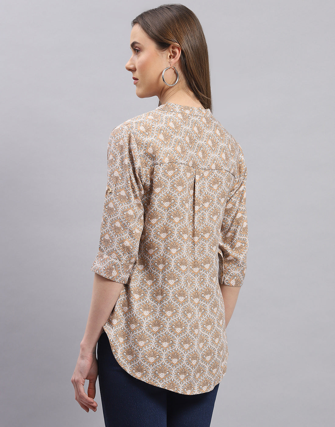 Women Brown Printed Mandarin Collar 3/4 Sleeve Top