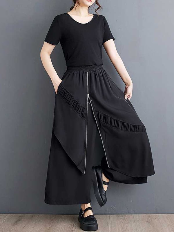 High Waisted Loose Elasticity Pleated Pockets Split-Joint Zipper Culotte Pants