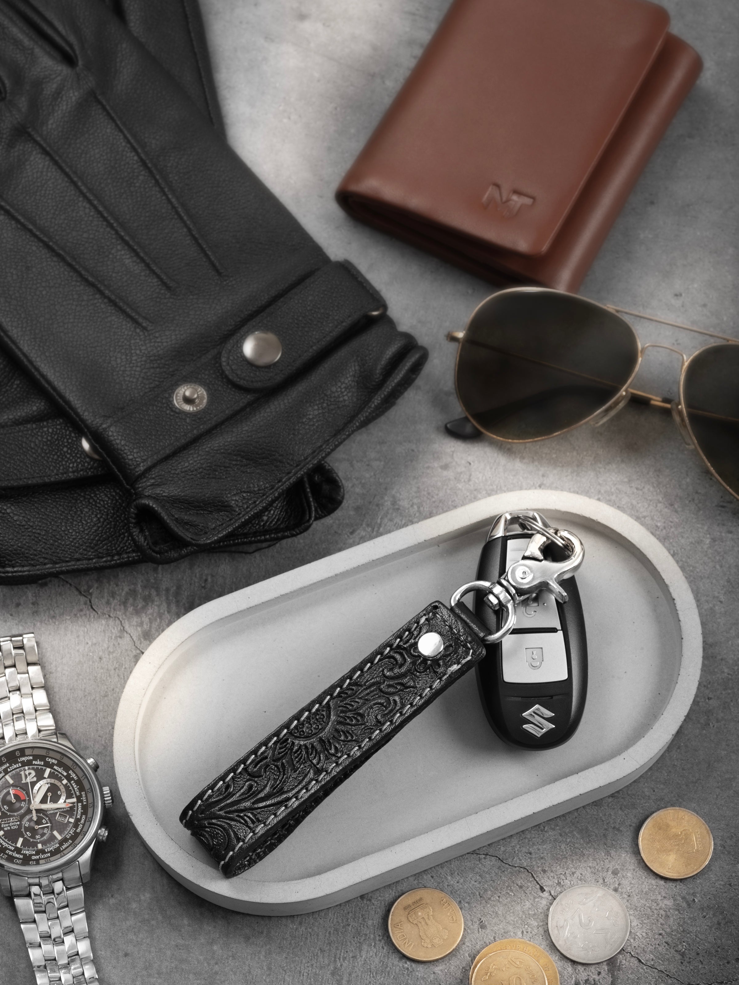 Designer Loop Leather Keychain - Black