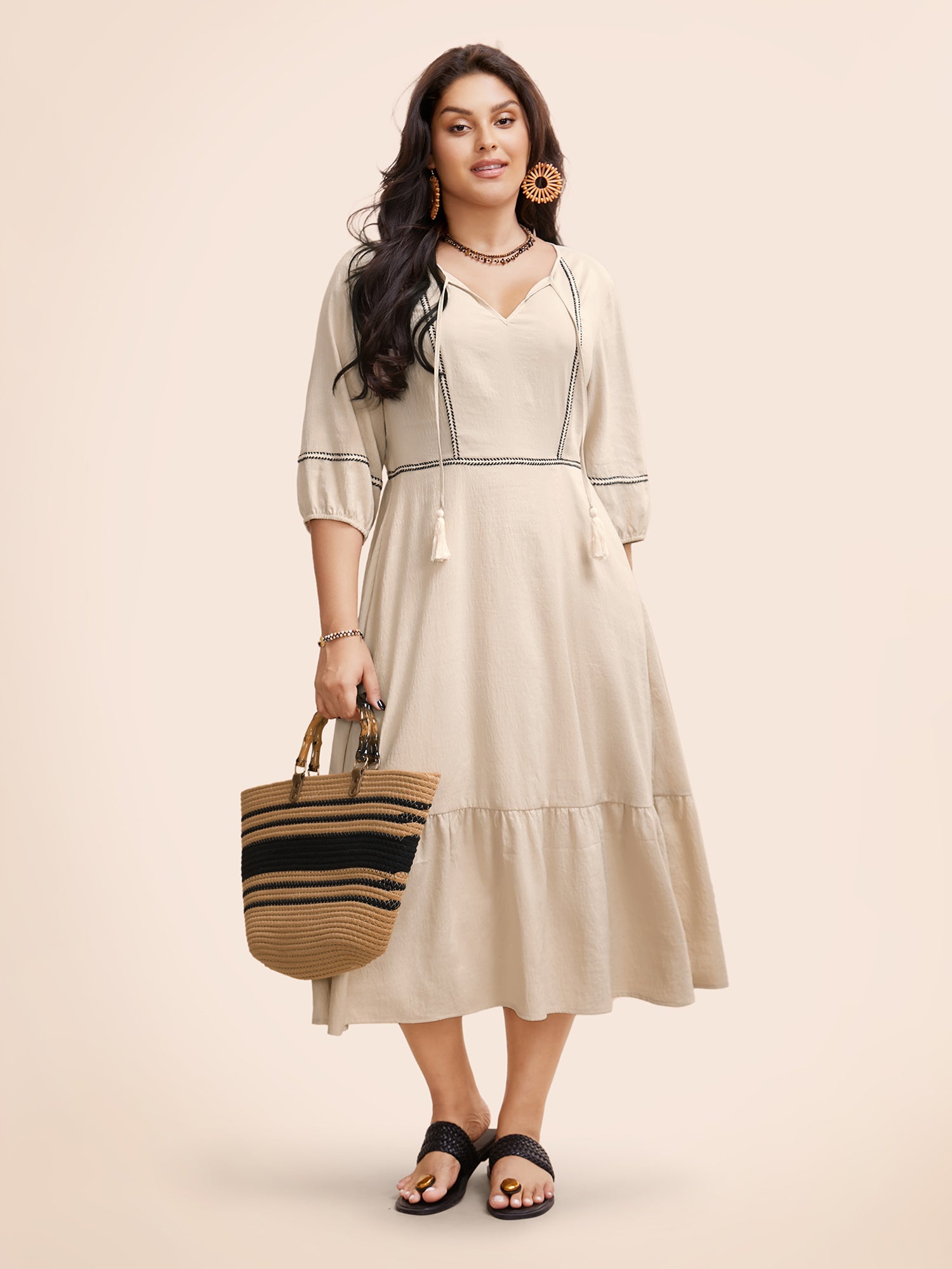 Contrast Webbing Tassel Tie Knot Dress