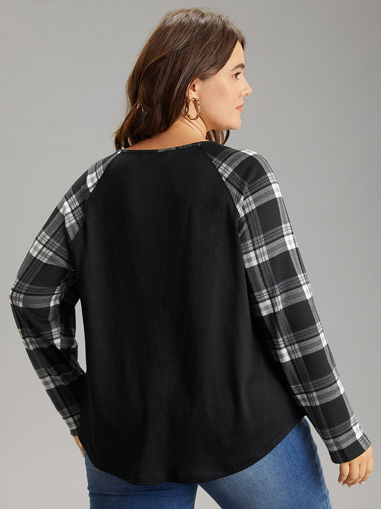 Plaid Patchwork Raglan Sleeve Crisscross T-shirt