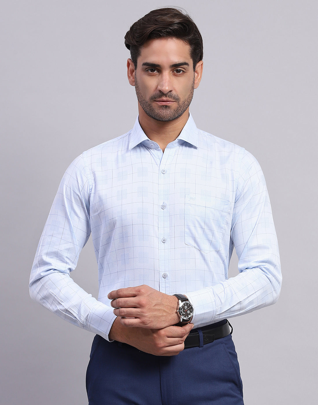 Men Light Blue Check Collar Full Sleeve Shirt