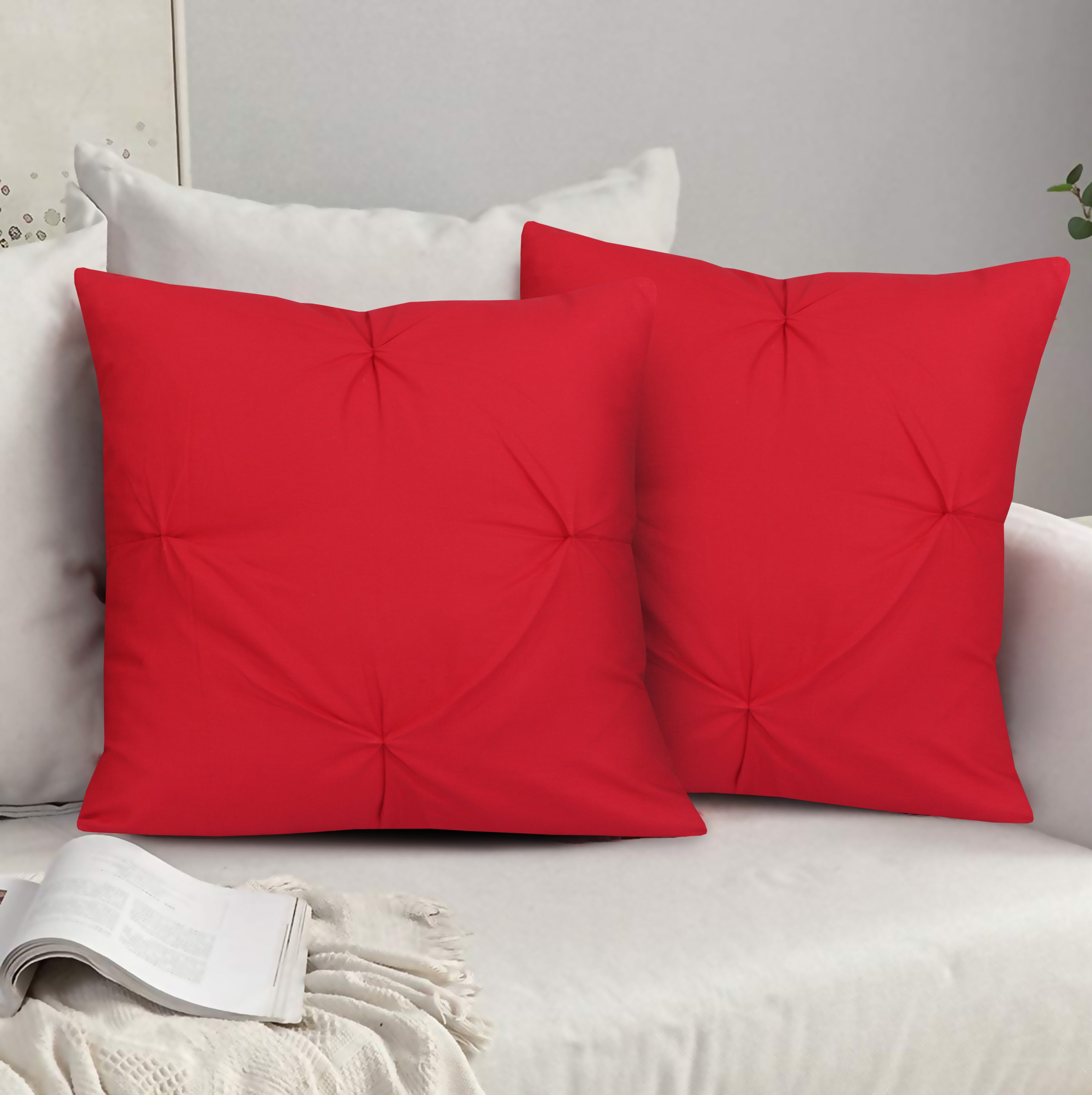Bright Red Pin Tuck-Cushion Covers Pack of Two