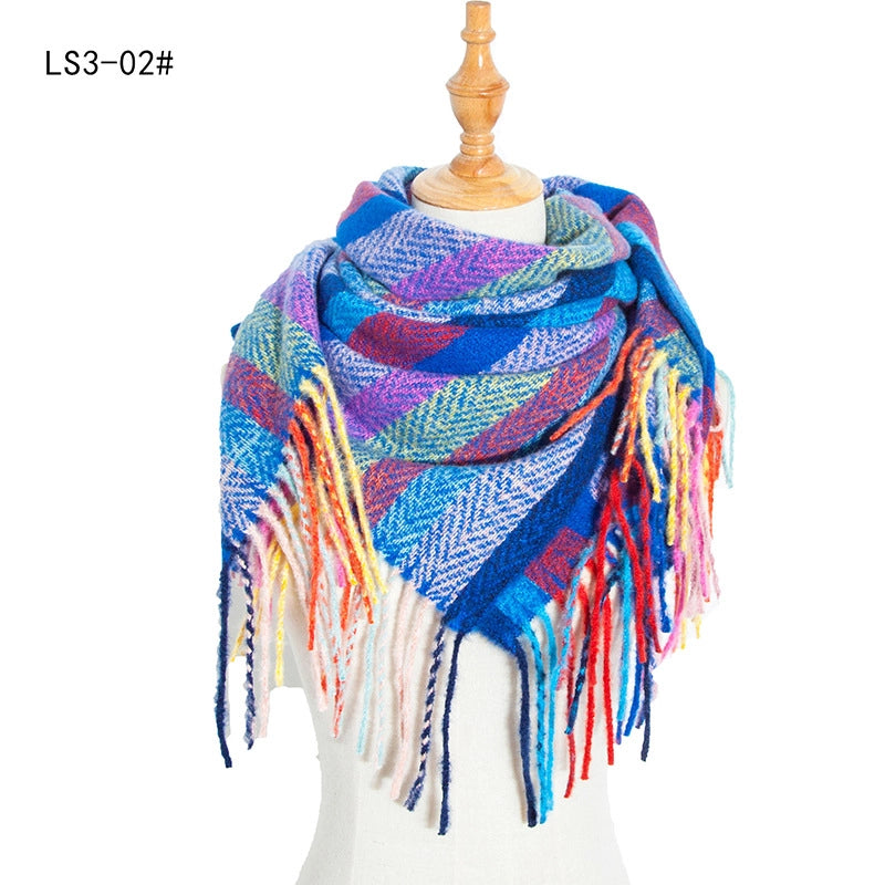 Scarf Women Tonglu Autumn And Winter New Polyester Spiny Hair Long Tassel Plaid Square Scarf Factory Direct Supply Shawl
