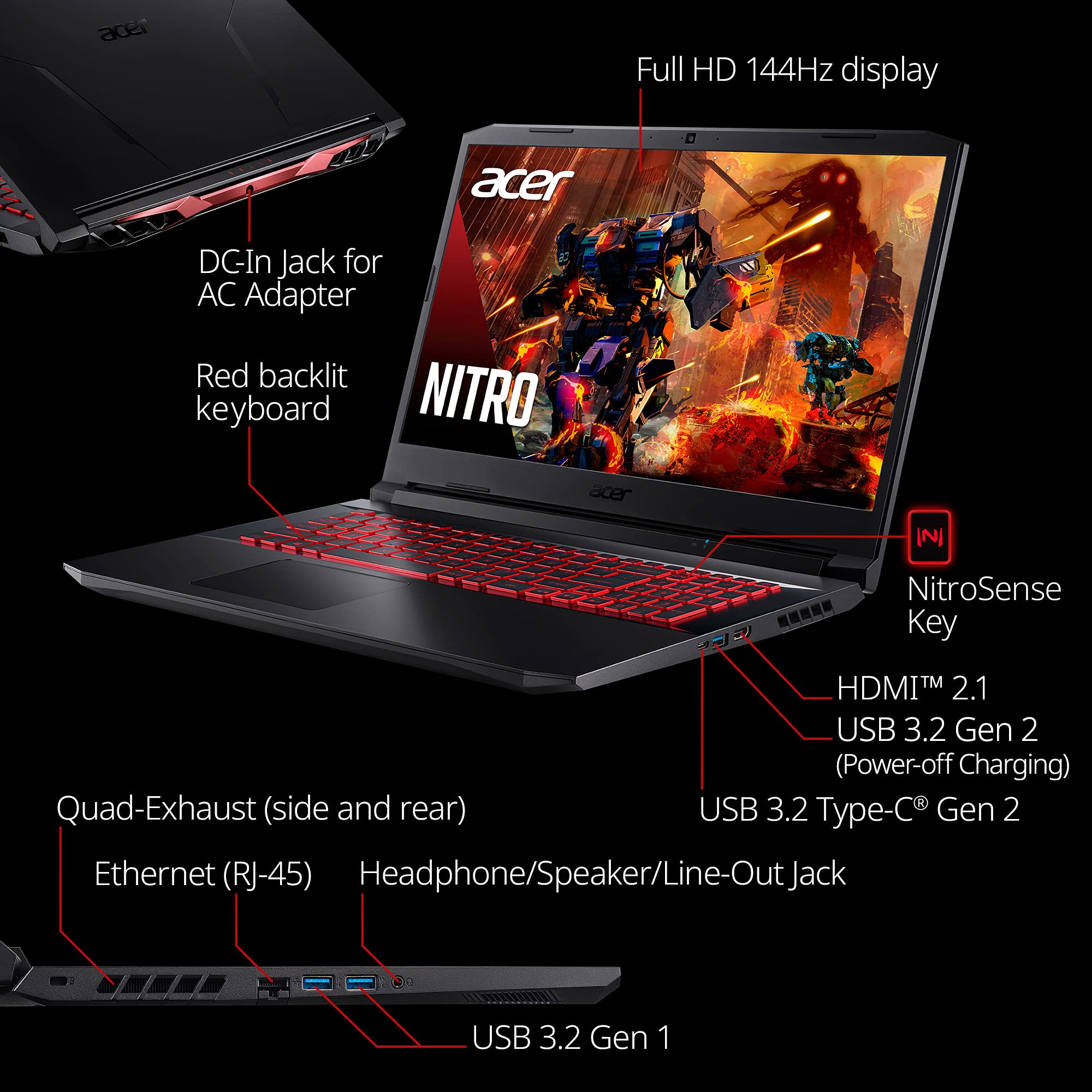 Acer Nitro 5 AN517-54-79L1 portátil para videojuegos con Intel Core i7-11800H, unidad de procesamiento de gráficos NVIDIA GeForce RTX 3050Ti, pantalla IPS FHD de 17.3 pulgadas con frecuencia de actualización de 144 Hz, 16 GB DDR4, unidad de estado sólido