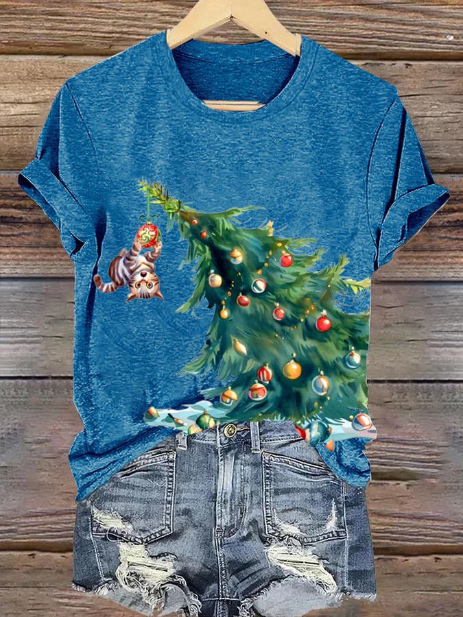 Women's Cat On Christmas Tree Christmas Print Round Neck Short Sleeve T-Shirt