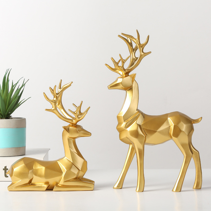 Nordic 2Pcs Deer Shaped 3D Geometric Art Deco Sculptures Ornaments Resin Crafts Decoration Sculpture For Home Decoration