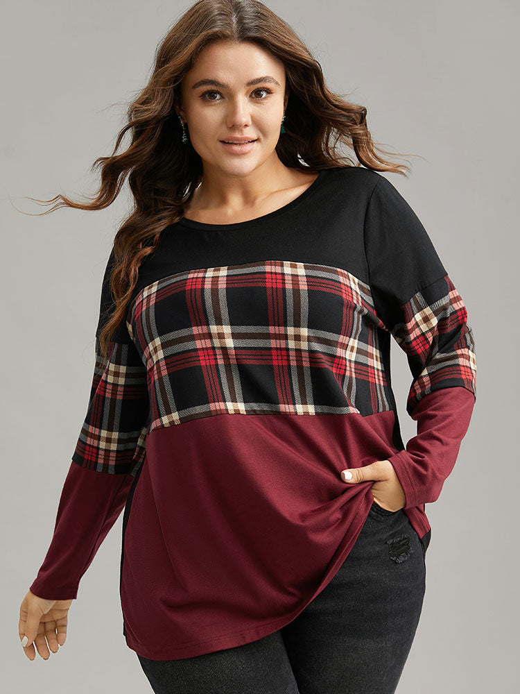 Plaid Contrast Patchwork Round Neck T-shirt