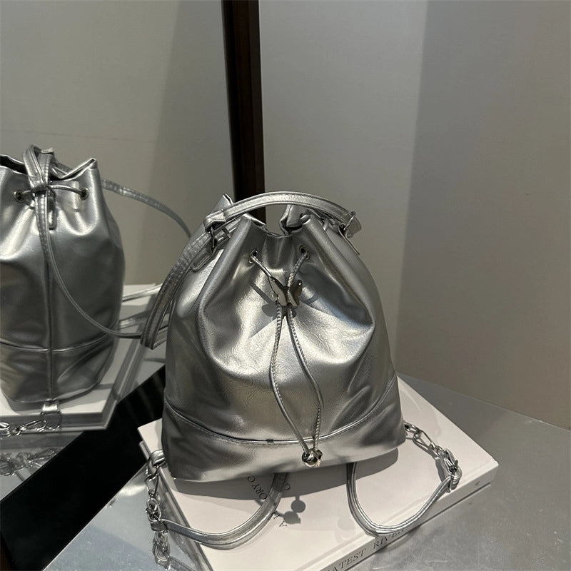 Women's Pu Leather Butterfly Classic Style Sewing Thread Bucket String Shoulder Bag Drawstring Backpack Crossbody Bag