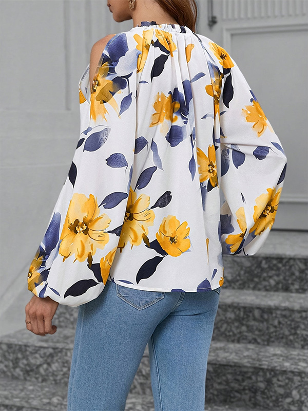Long Sleeves Loose Elasticity Flower Print Pleated Cold Shoulder Blouses&Shirts Tops