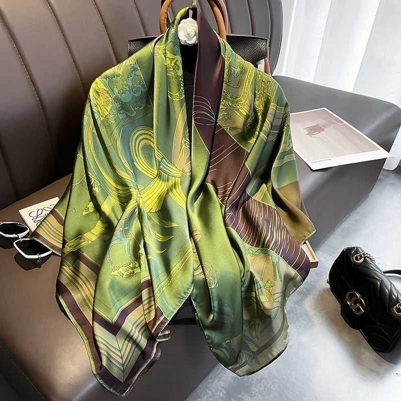 Classic Blue Orange Big Flower Simulation Silk Scarf Large Square Shawl