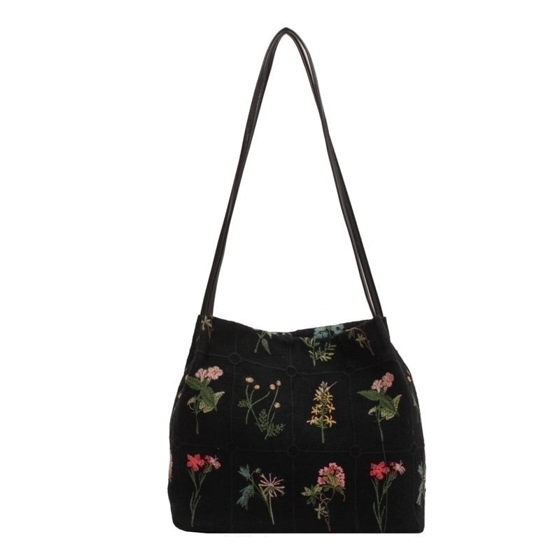 Women's Canvas Flower Vintage Style Bucket Magnetic Buckle Shoulder Bag