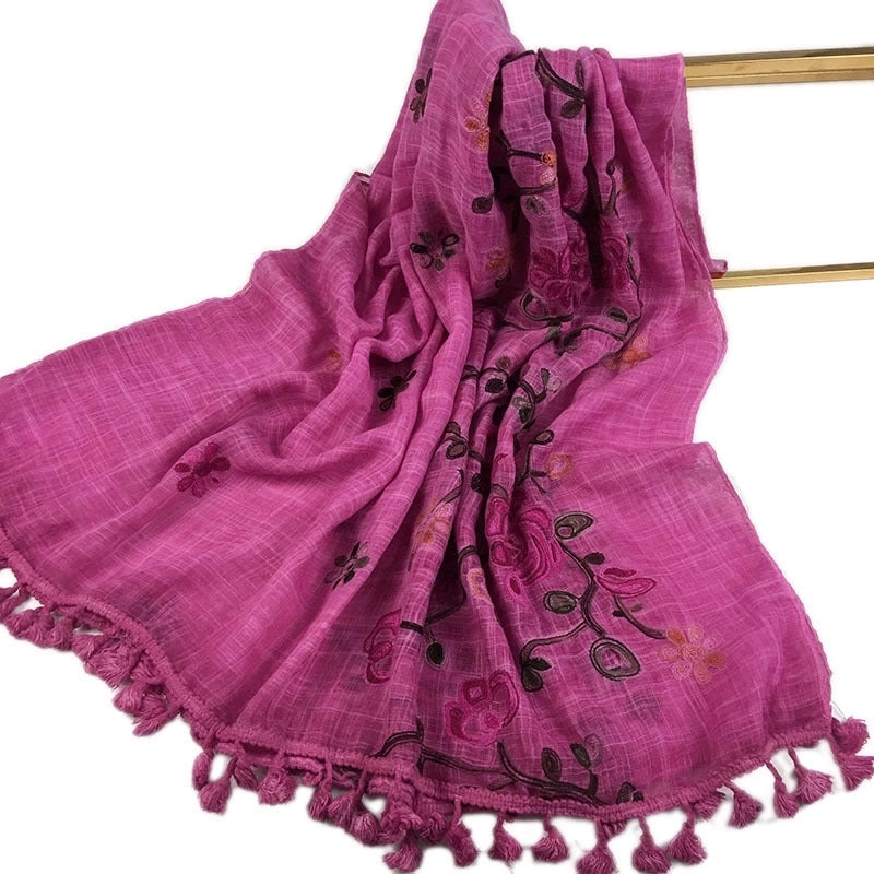 Women's Minimalist Leaves Solid Color Flower Cotton And Linen Embroidery Tassel Scarf Shawl