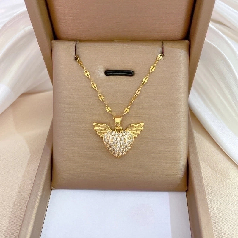 2 Pieces Minimalist Classic Style Geometric Heart Shape Titanium Steel Copper Zircon Pendant Necklace In Bulk