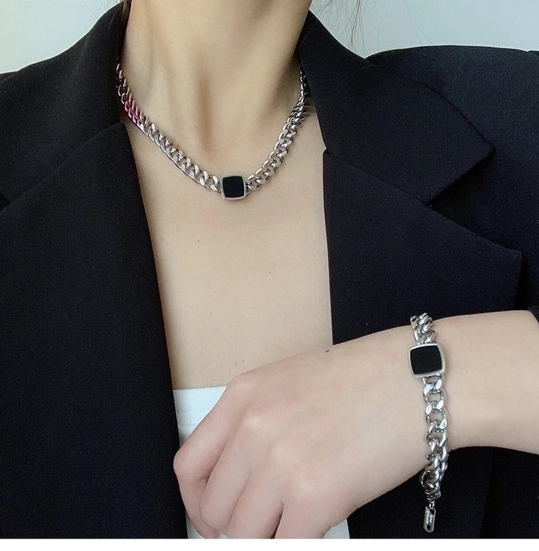 Fashion Square Titanium Steel Inlay Artificial Gemstones Rings Bracelets Necklace