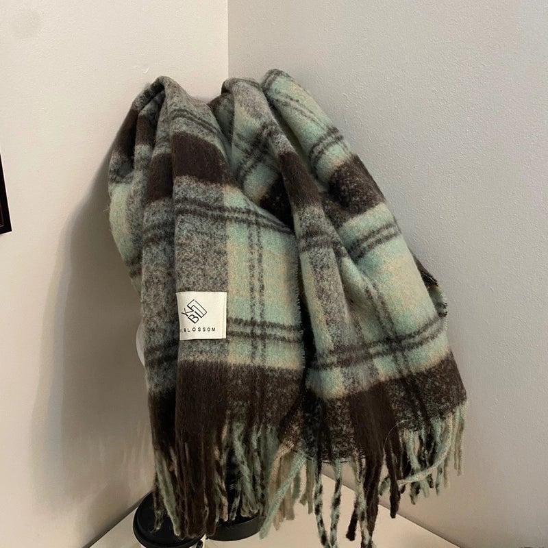 Plaid Scarf Women's Winter High-grade Gradient Mohair Thickened Warm Scarf New Cashmere-like Shawl