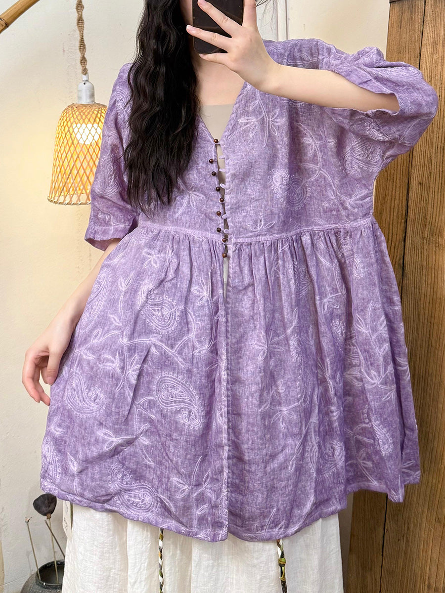 Women Summer Artsy Embroidery Flower Ramie V-Neck Shirt