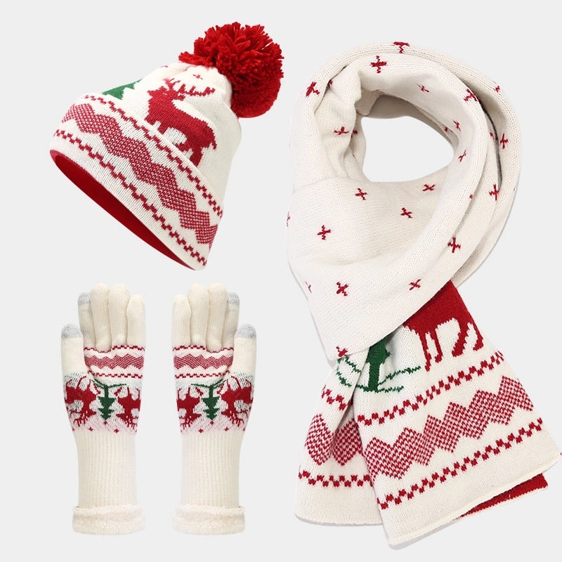 Women's Elegant Basic Minimalist Printing Acrylic Scarf Hat Gloves 3 Pieces Set