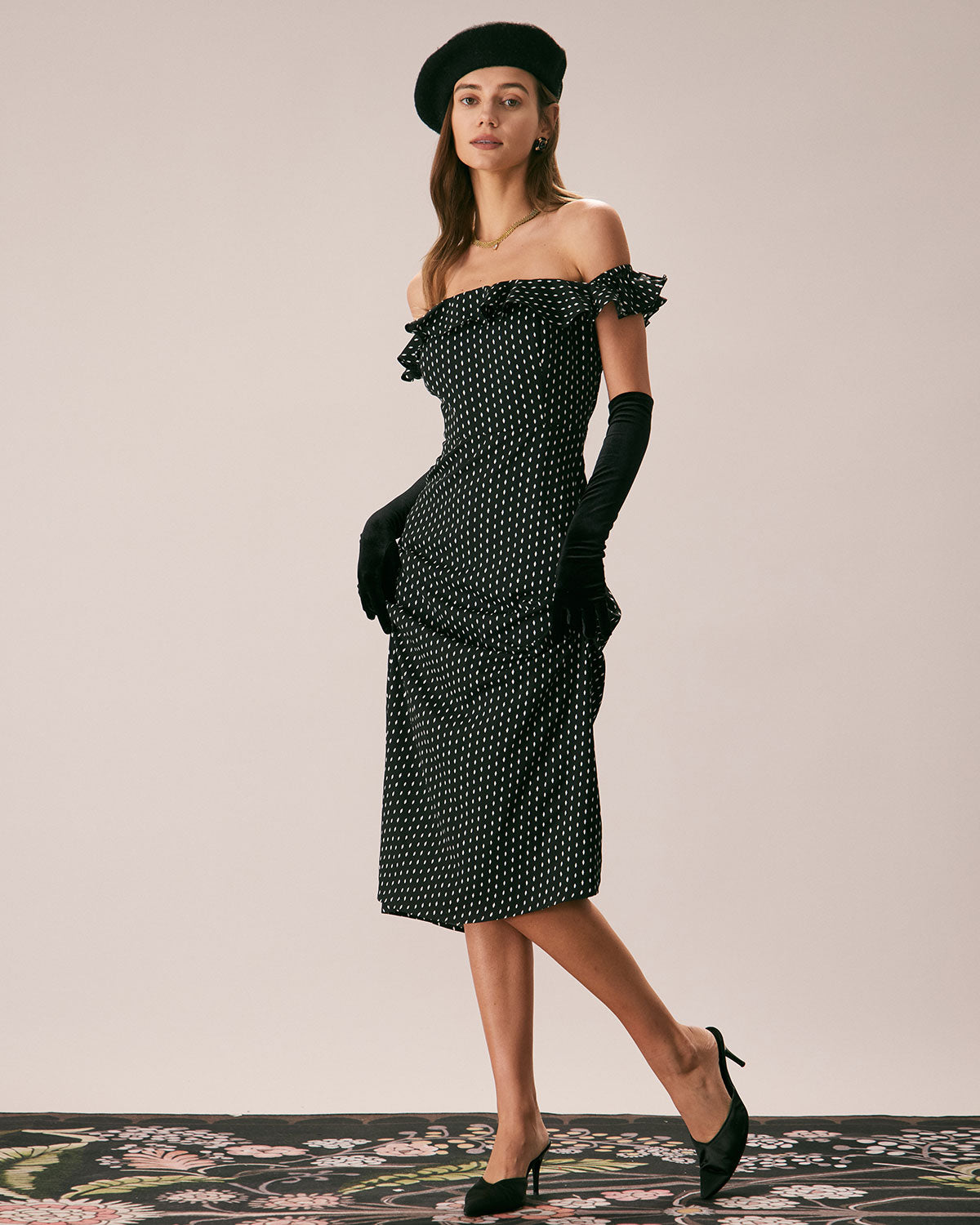 The Black Off The Shoulder Ruffle Midi Dress