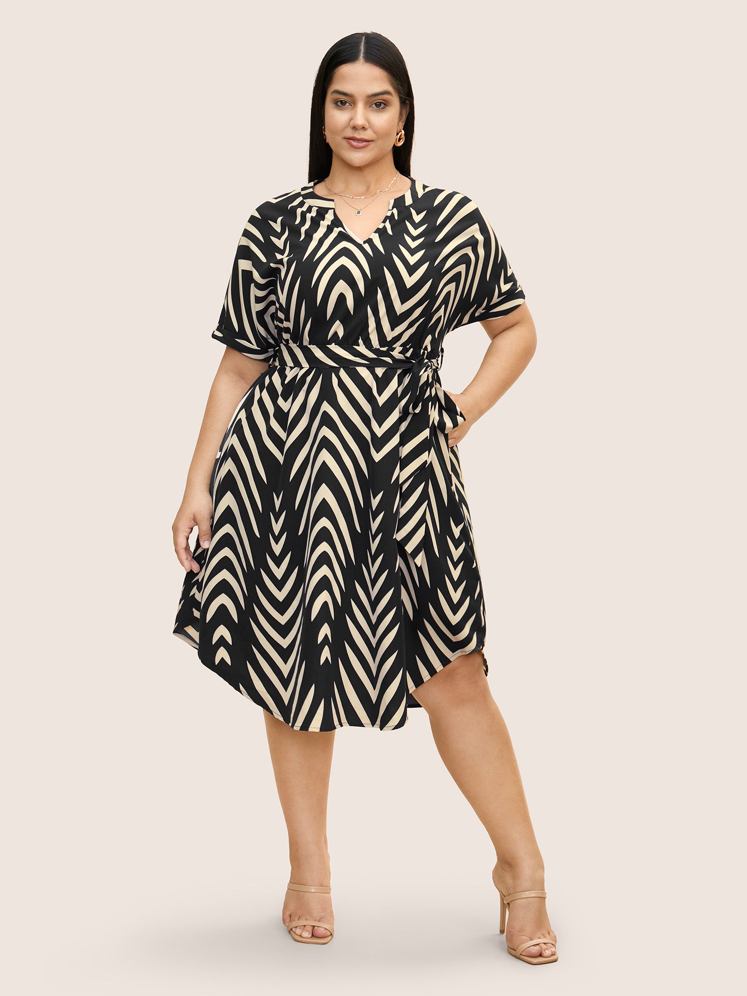 Geometric Belted Dolman Sleeve Curved Hem Dress