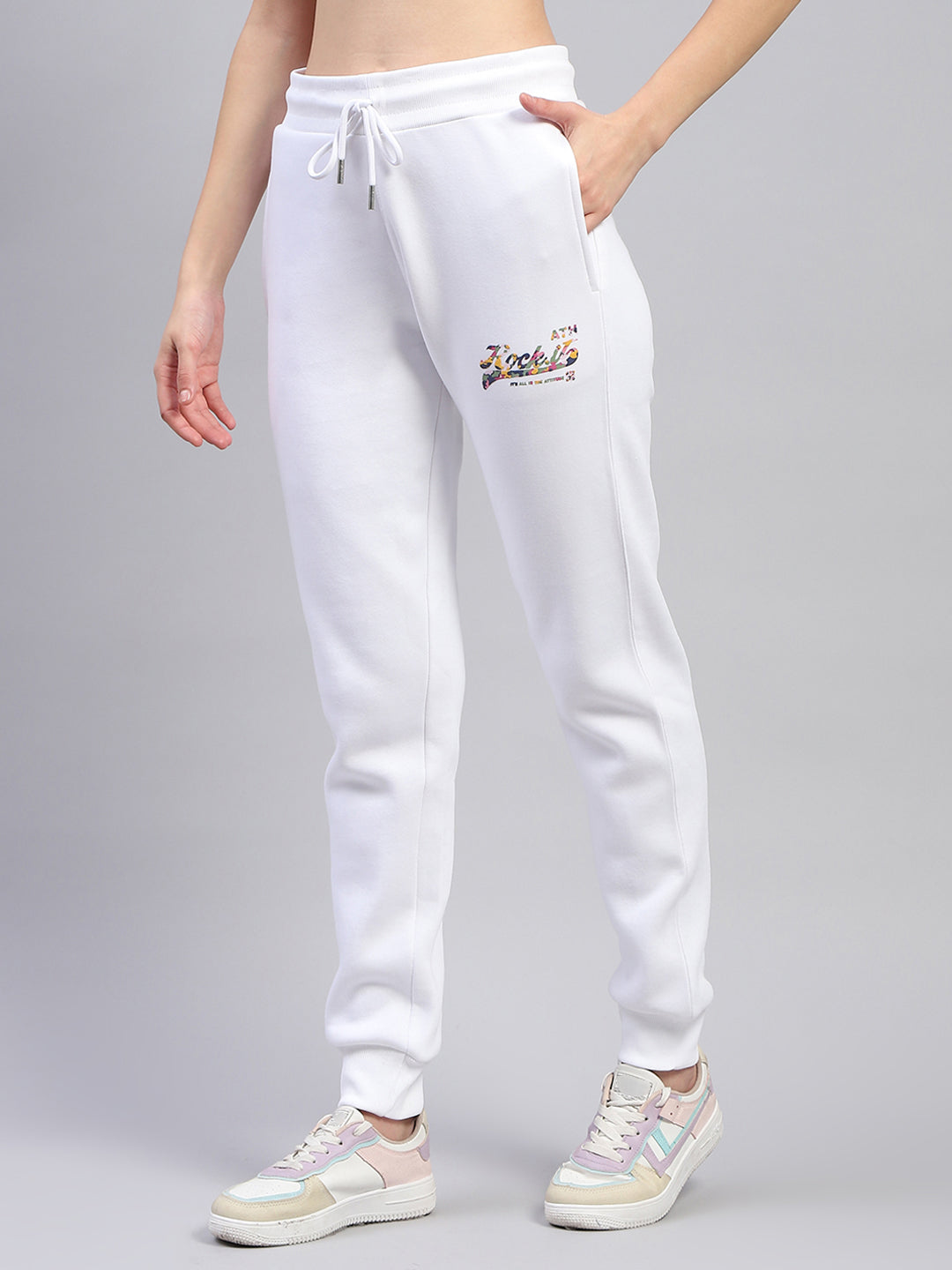 Women White Printed Round Neck Full Sleeve Tracksuit