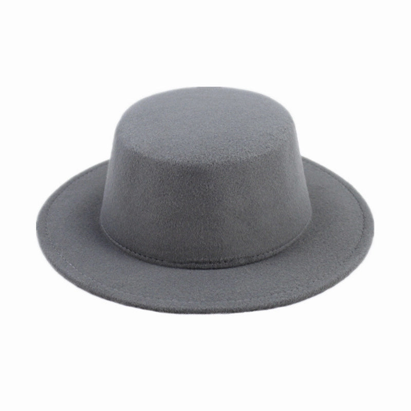 Retro Pure Black Flat Top Hat Couple Men And Women Gentleman's Hat Spring And Autumn Performance Big Brimmed Woolen Warm Hat