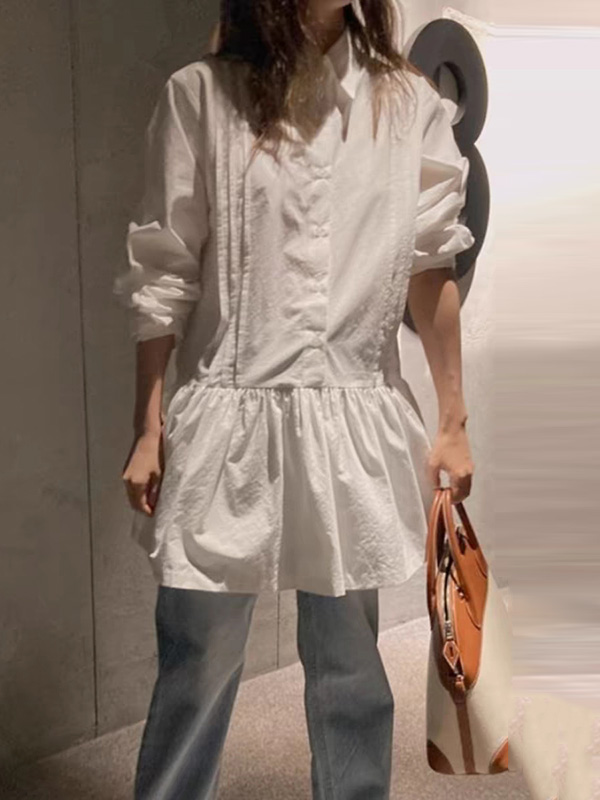 A-Line Long Sleeves Buttoned Pleated Solid Color Lapel Mini Dresses Shirt Dress