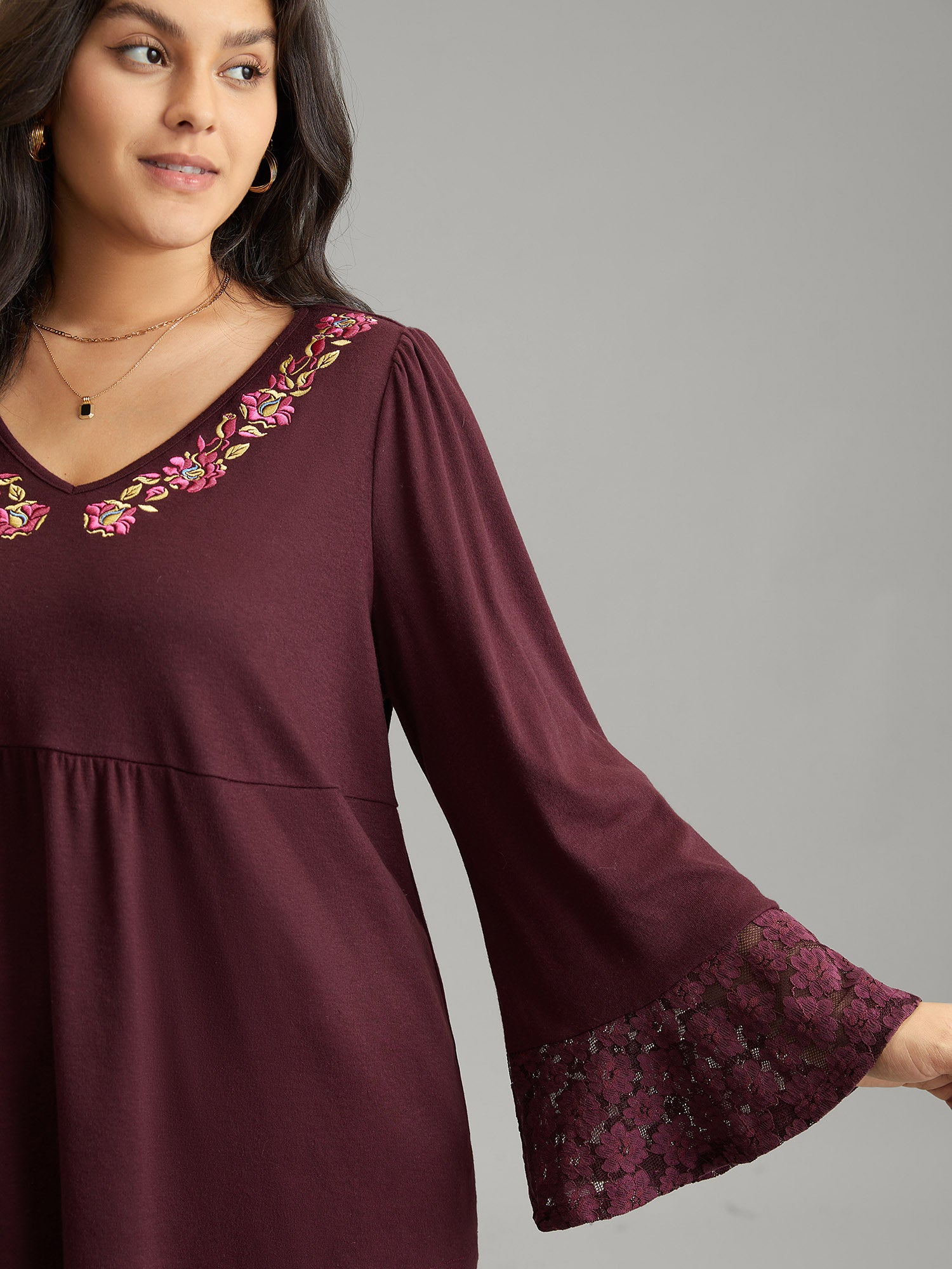 Floral Embroidered Lace Panel Bell Sleeve T-shirt