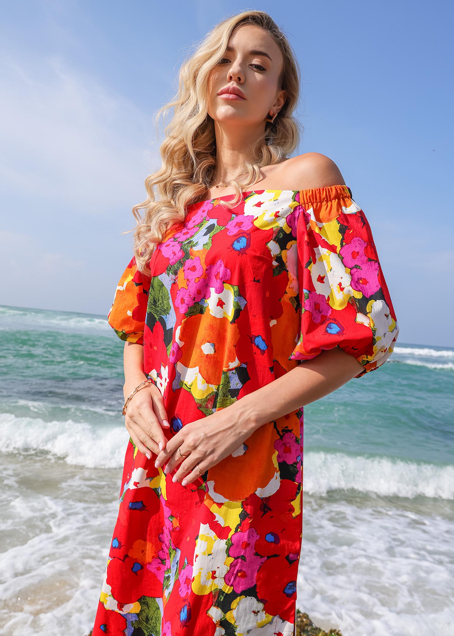 Off Shoulder Balloon Sleeve Midi Dress