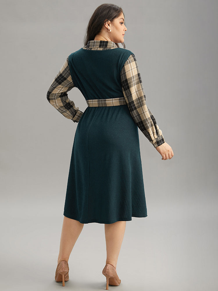 Plaid Patchwork Rib Knit Shirt Collar Belted Dress