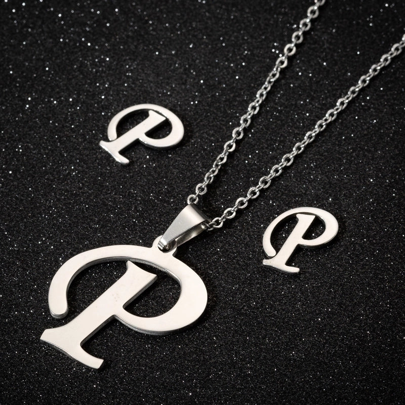 Women's Fashion Minimalist Letter Stainless Steel Pendant Necklace Ear Studs Plating Jewelry Sets