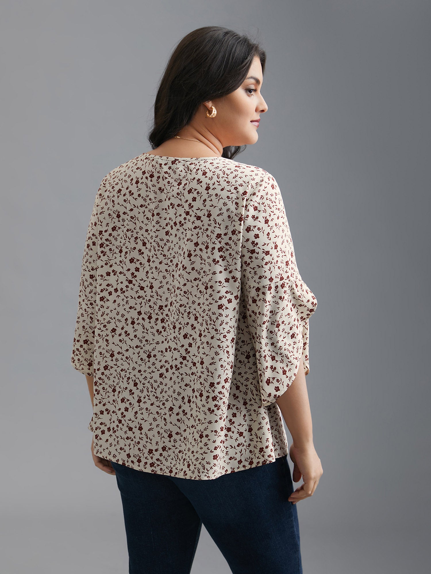 Crew Neck Ditsy Floral Bell Sleeve Blouse