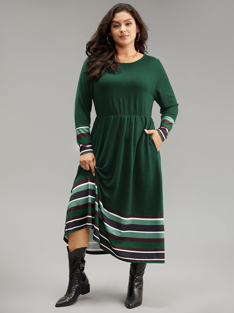 Striped Patchwork Contrast Crew Neck Dress