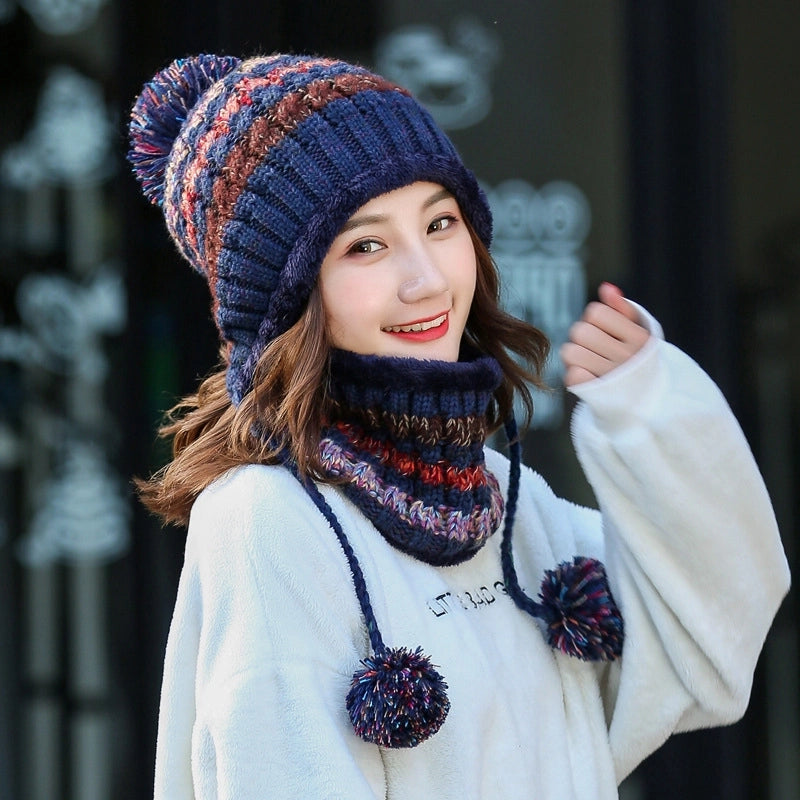 Women's Autumn And Winter Knitted Wool Hat  Fleece-lined Pullover Warm Scarf Hat Two-piece Suit Fashion Hair Generation