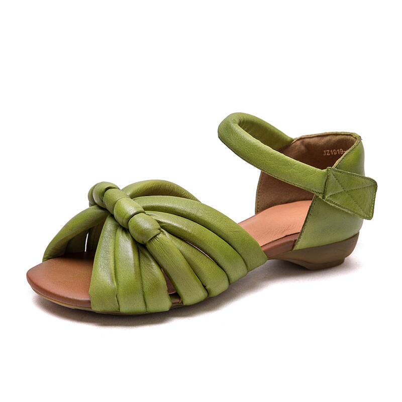 Handmade Leather Woven Peep Toe Roman Sandals with Velcro Strap in Green/Apricot
