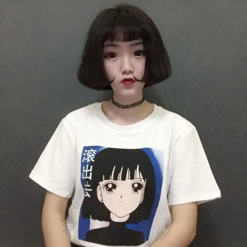 Black Haired Girl White Cotton T-shirt