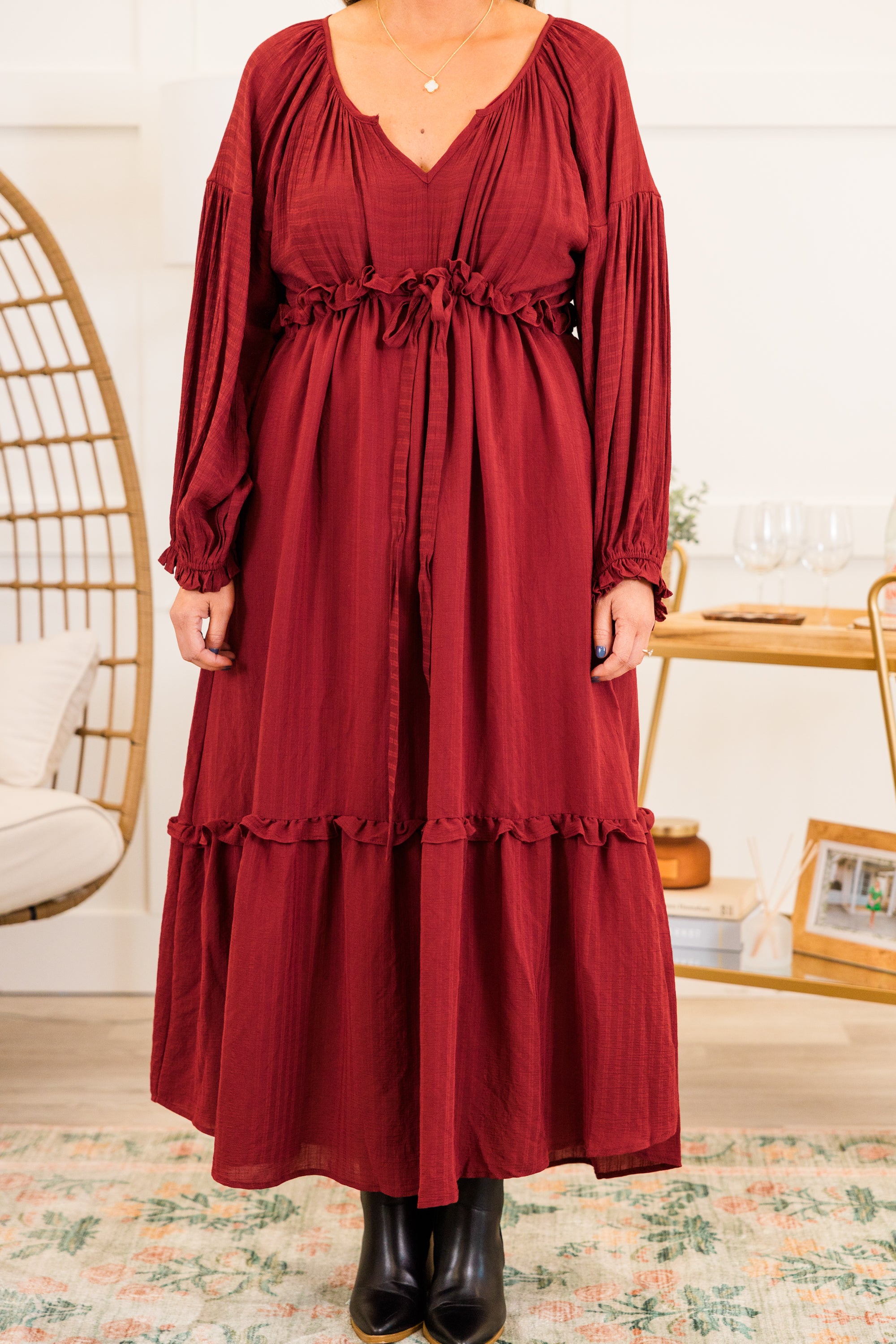 Tell Your Story Dress. Burgundy