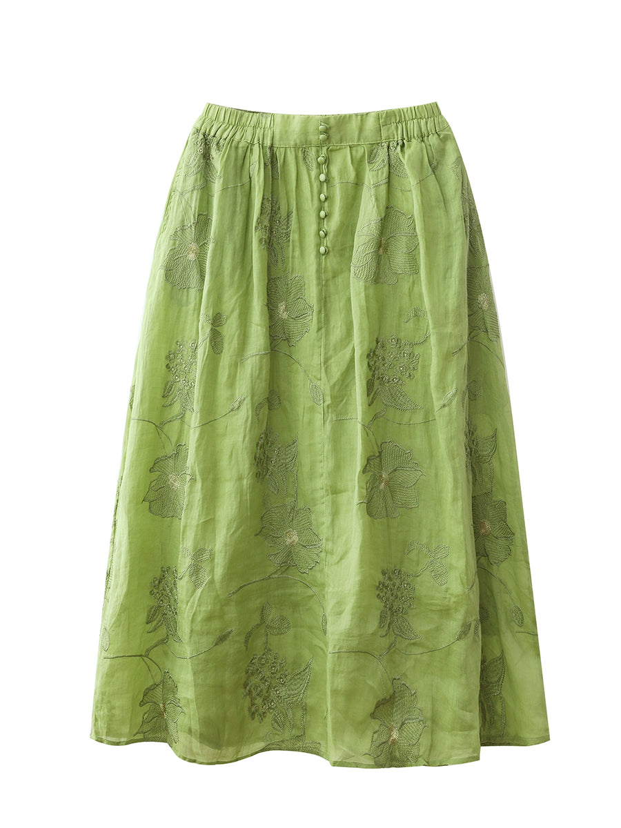 Women Summer Artsy Flower Embroidery 100%Ramie Skirt