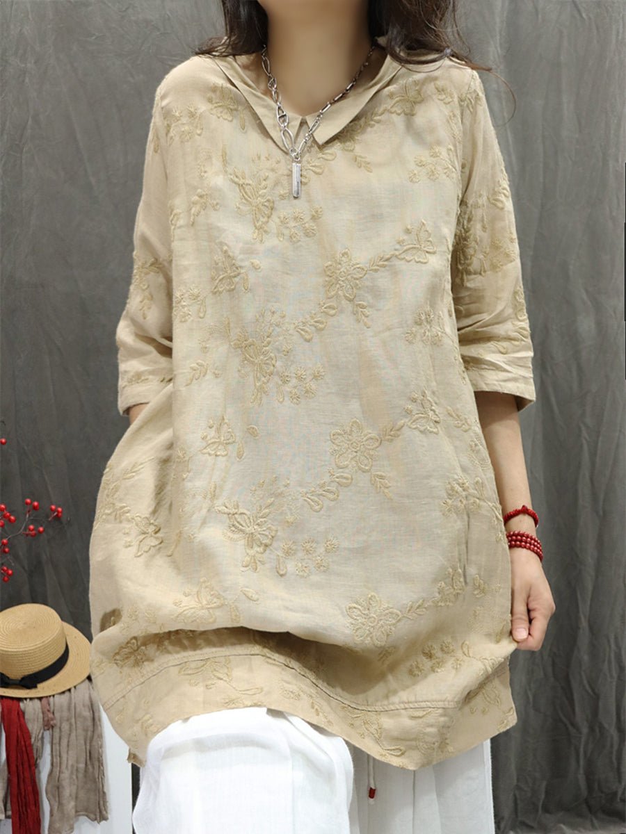 Women Summer Artsy Doll Collar Embroidery 100%Ramie Shirt